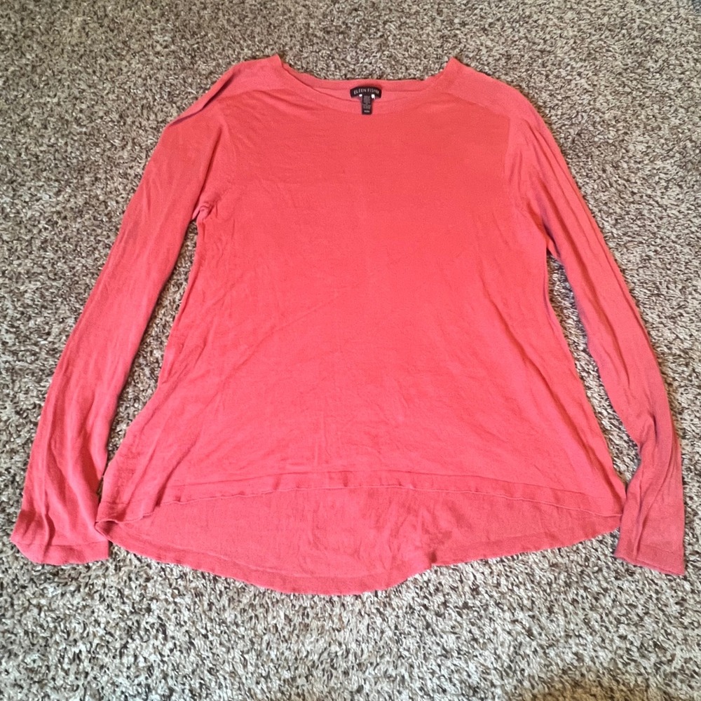 Eileen Fisher Womens Coral Pink High Low Long Sleeve Knit Tunic Top‎ Size Medium